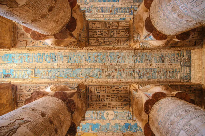 Painted ceiling and Hathor columns in the Temple of Dendera