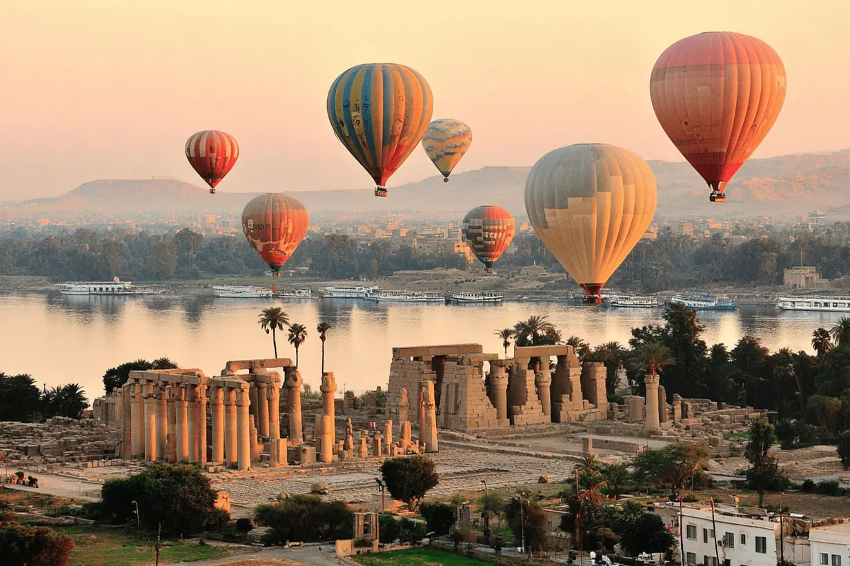 Balloons over the Nile and the Ramesseum at sunrise