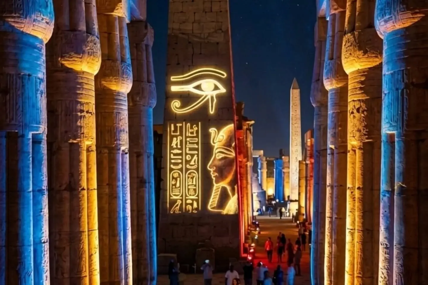 Coloured lights on the columns of the Great Hypostyle Hall at Karnak