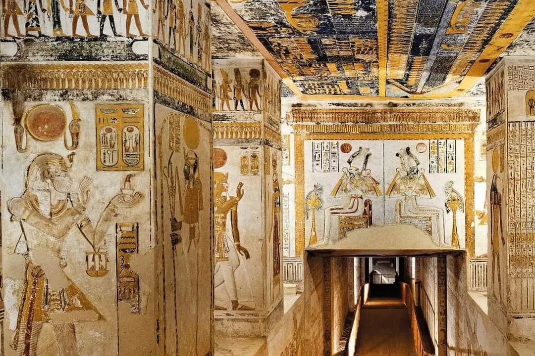 Painted walls and ceiling inside a royal tomb in the Valley of the Kings