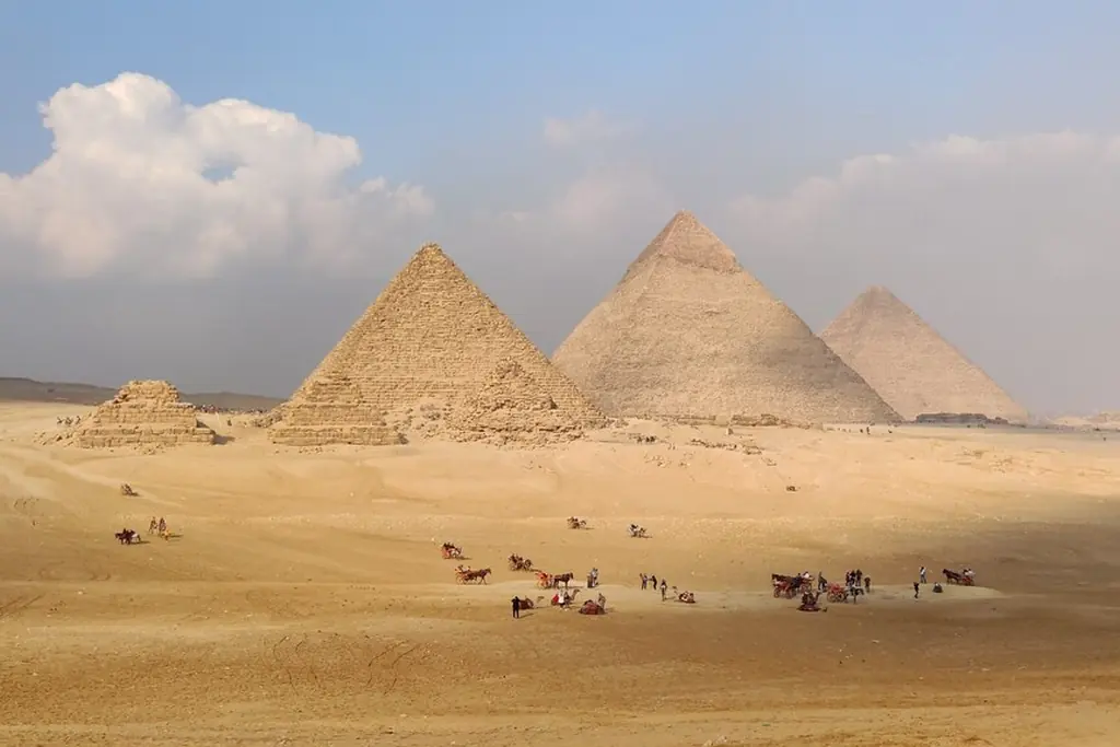 The Giza pyramids rising from the desert plateau