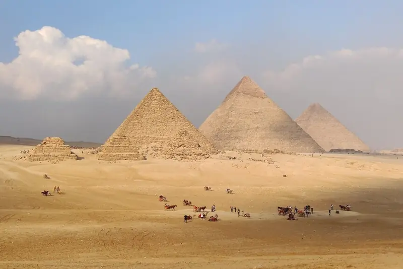 The Giza pyramids rising from the desert plateau